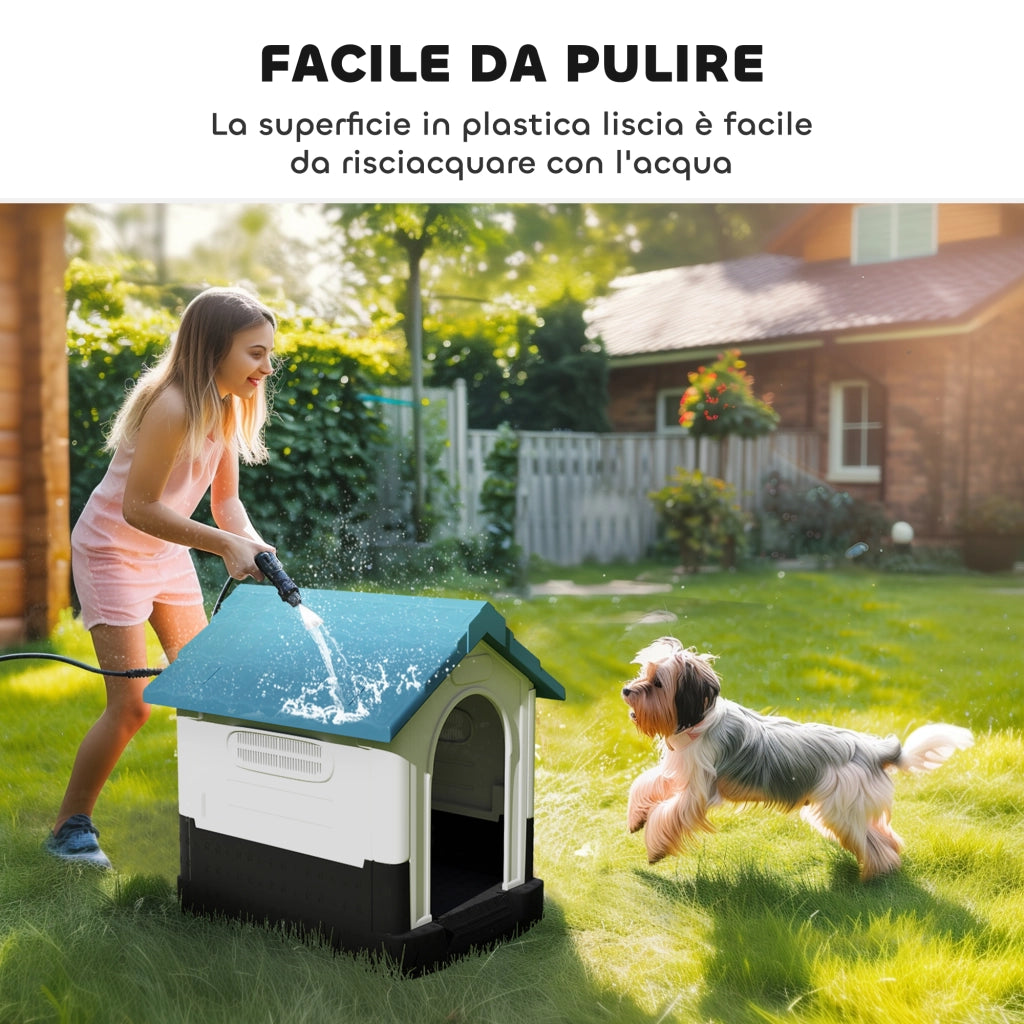 Cuccia per Cani da Esterno in Plastica con Finestre e Base Rialzata ¨C zephmum ¨C Blu 64.5x57x66 cm