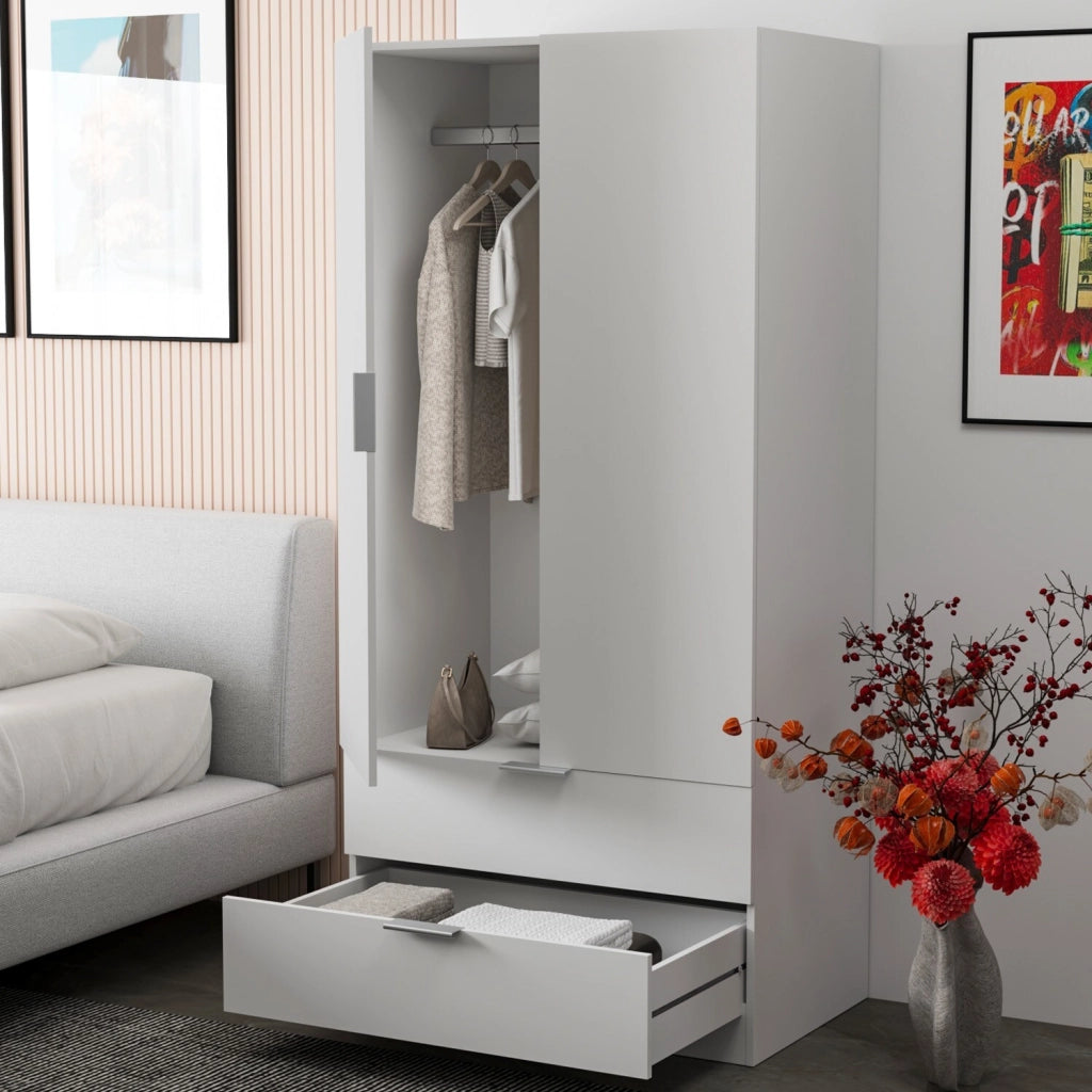 Armadio Multiuso Per Camera Da Letto Con Appendiabiti 2 Ante Maniglie In Metallo E 2 Cassetti Ideale Per Arredare La Tua Stanza 180 X 81 X 52 Cm Bianco