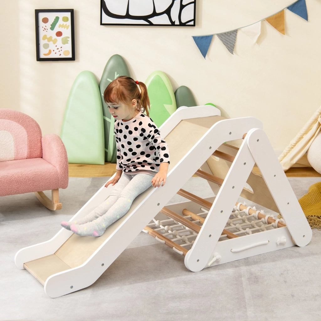 Arrampicata in legno per bambini 4-in-1 con scivolo, Arrampicata a triangolo per interni con rete Bianco-Arrampicate e scivoli