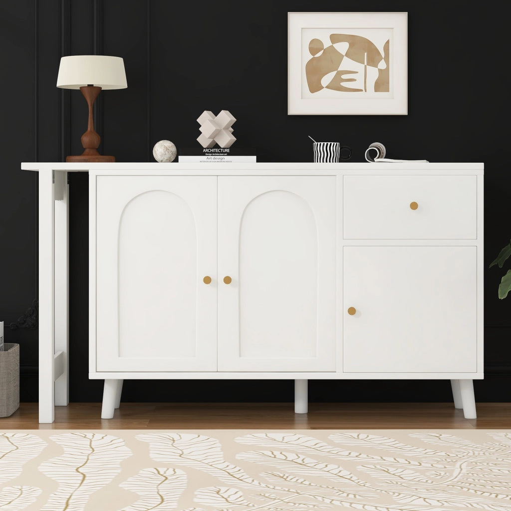 Scrivania girevole 360° con 3 ante e 1 cassetto funzione 2 in 1 per soggiorno e ufficio domestico in truciolare bianco
