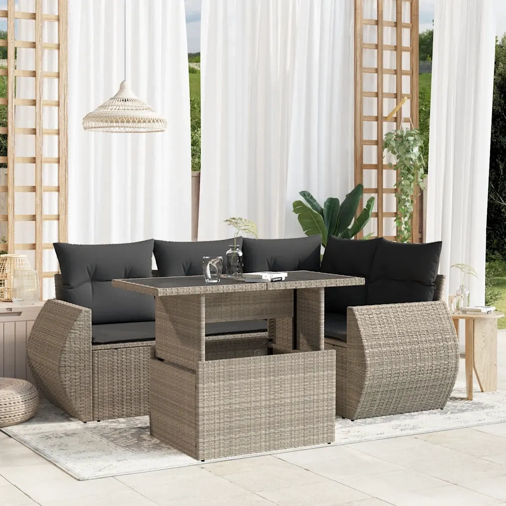Set Divano da Giardino 5pz con Cuscini Grigio Chiaro Polyrattan