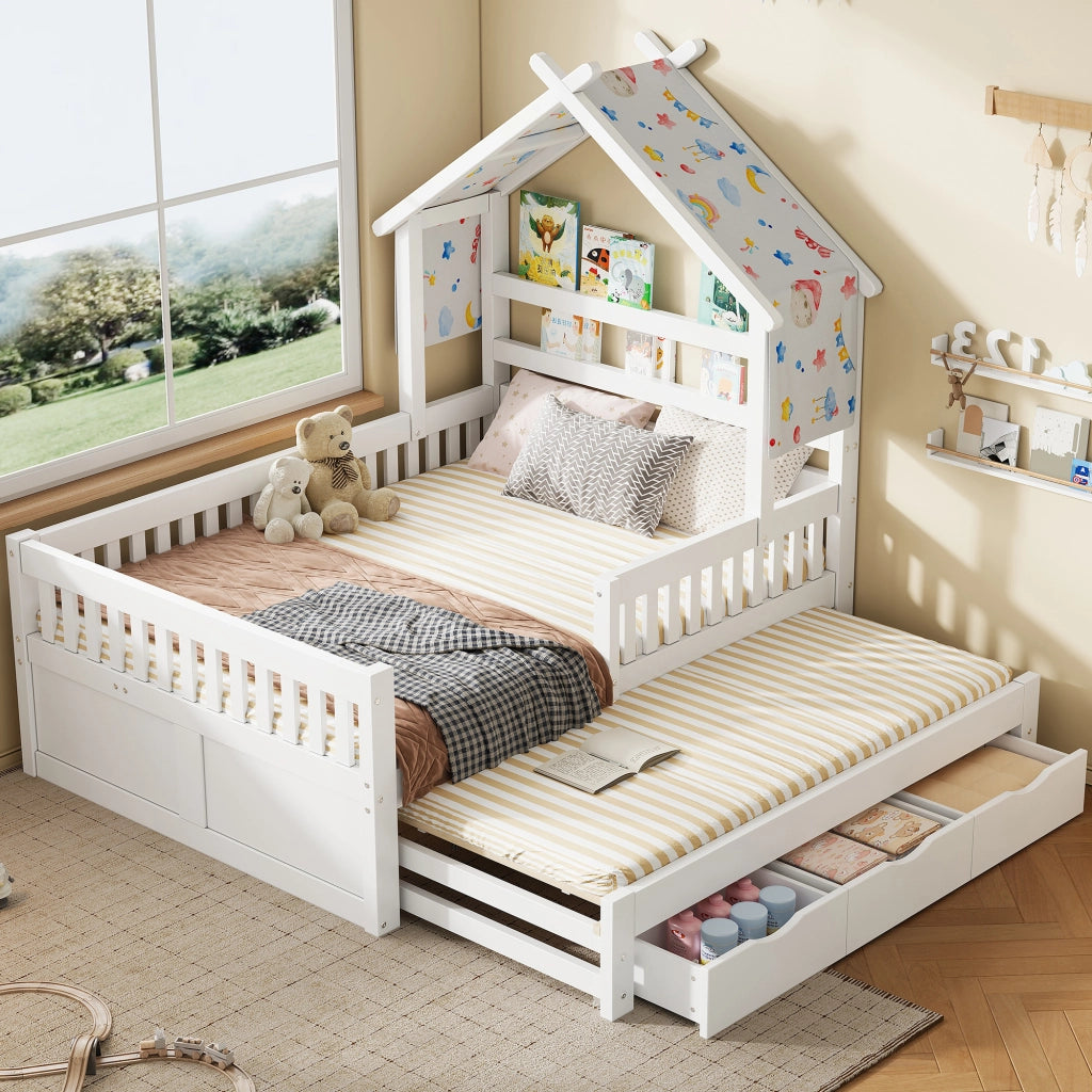 Letto a casetta 140 x 200 cm con letto estraibile; 3 cassetti e sponde di sicurezza; bianco
