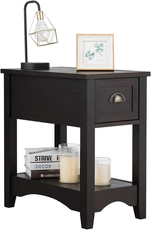 Tavolino da Salotto in Legno Massello, Comodino con 1 Cassetto e 1 Ripiano, Tavolino Basso da Soggiorno e Camera da Letto (56 x 33 x 58,5 cm, Caffè, 1)