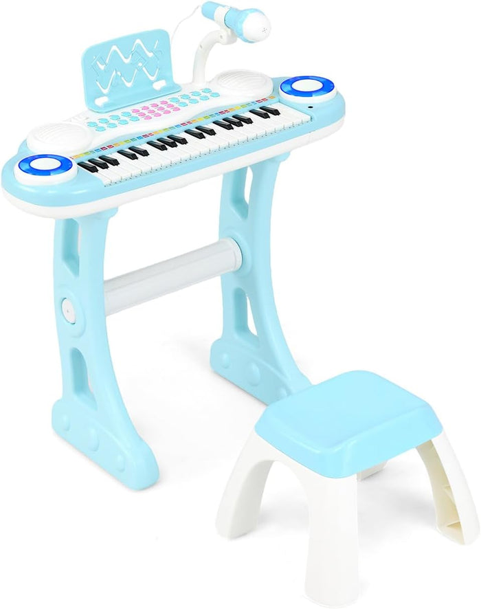 Tastiera Pianoforte a 37 Tasti per Bambini, Piano Elettronico per Bambini con Microfono, Sgabello e Supporto per Spartiti, 8 Ritmi e 8 Strumenti, per Bambini 18+ Mesi (Blu)