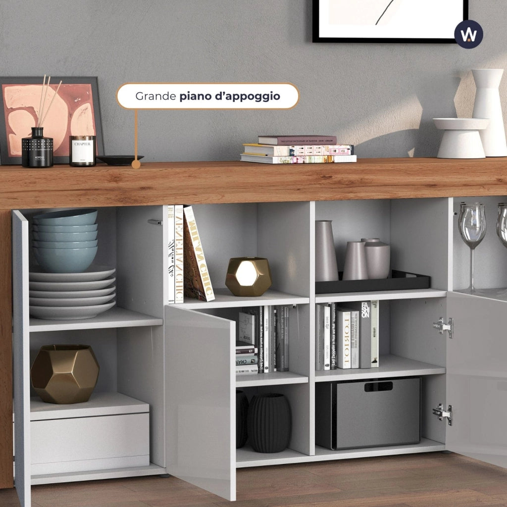 WHOUS Credenza Chronos 4 ante e 2 vani bianco lucido e rovere 200x40x85 cm