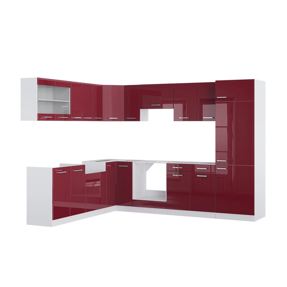 Cucina angolare completa R-Line Rosso lucido/Bianco 287 x 227 cm, PL Rovere Vicco