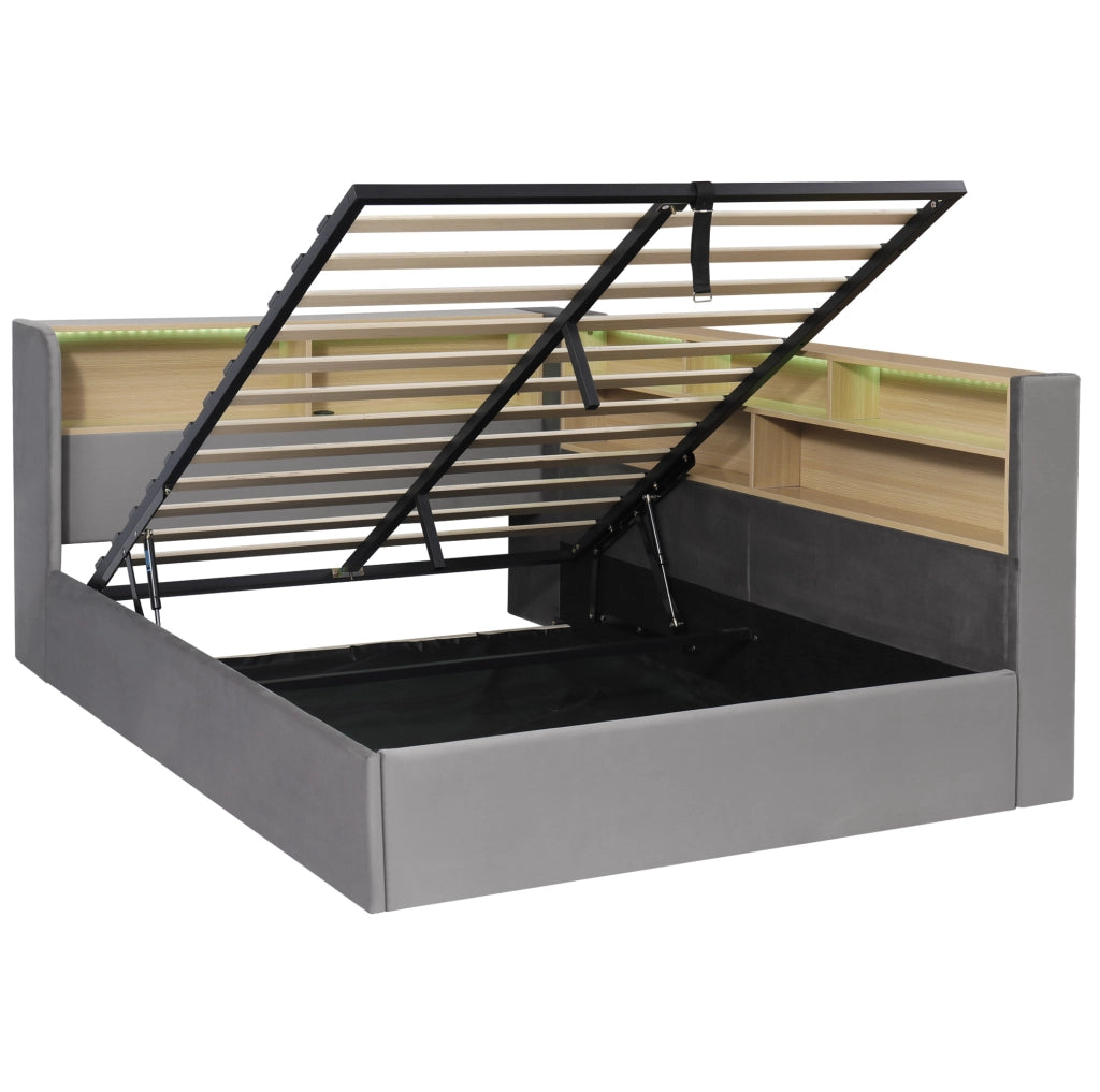 Letto contenitore imbottito in velluto grigio con LED; USB e Type-C