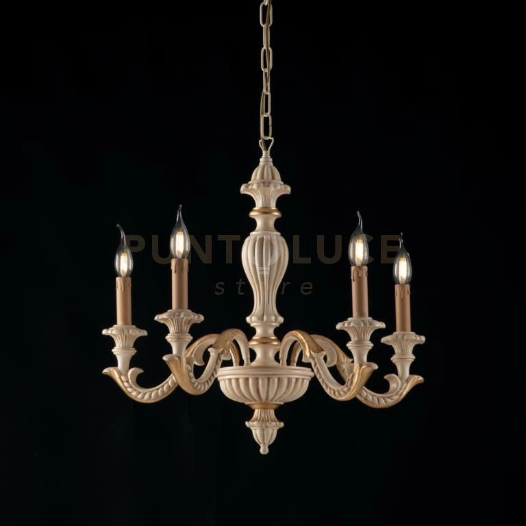 Lampadario in legno avorio e foglia oro 5 luci Leonardo