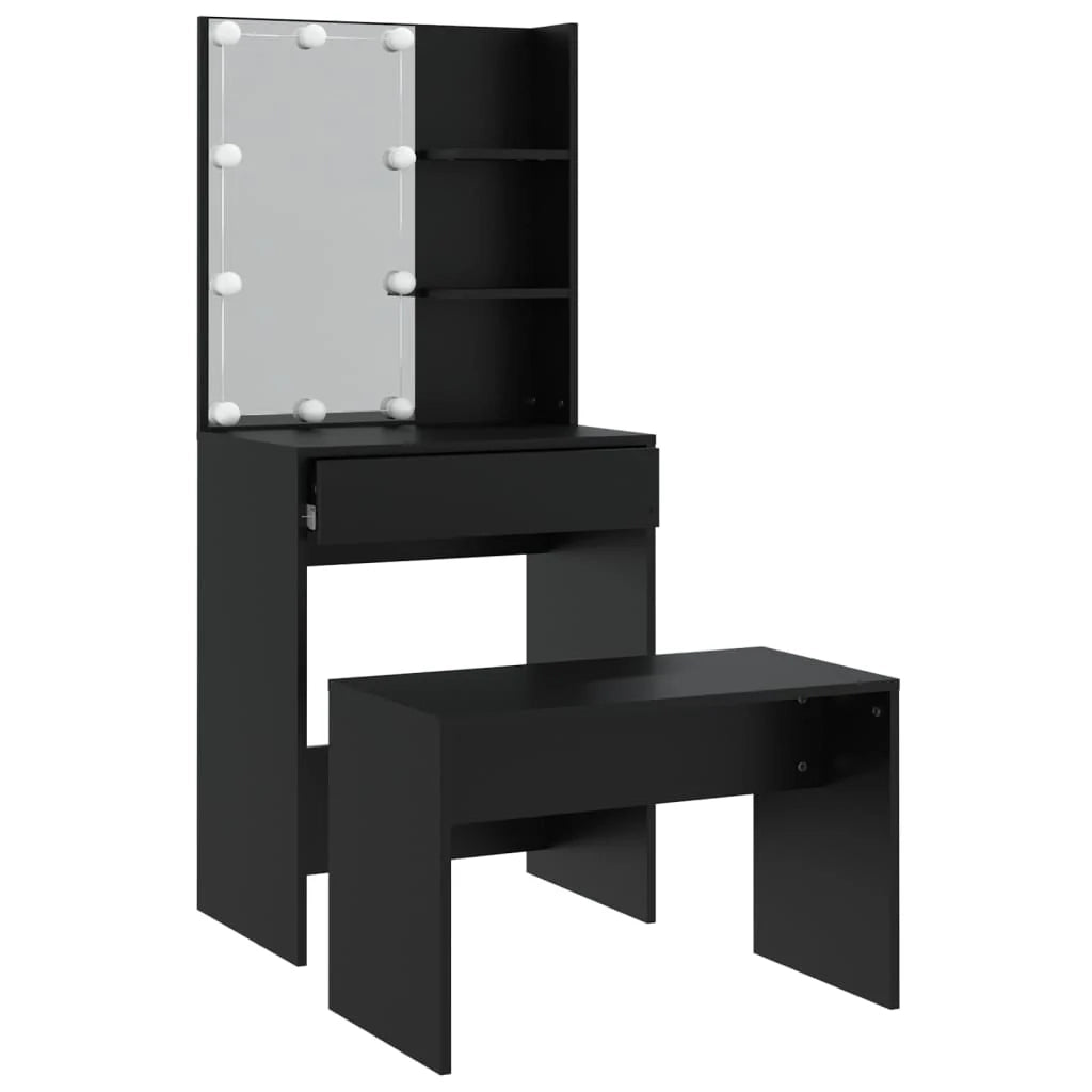 Set da toeletta con sgabello con illuminazione a LED 60 x 40 x 140 cm legno ingegnerizzato nero 02_0006322