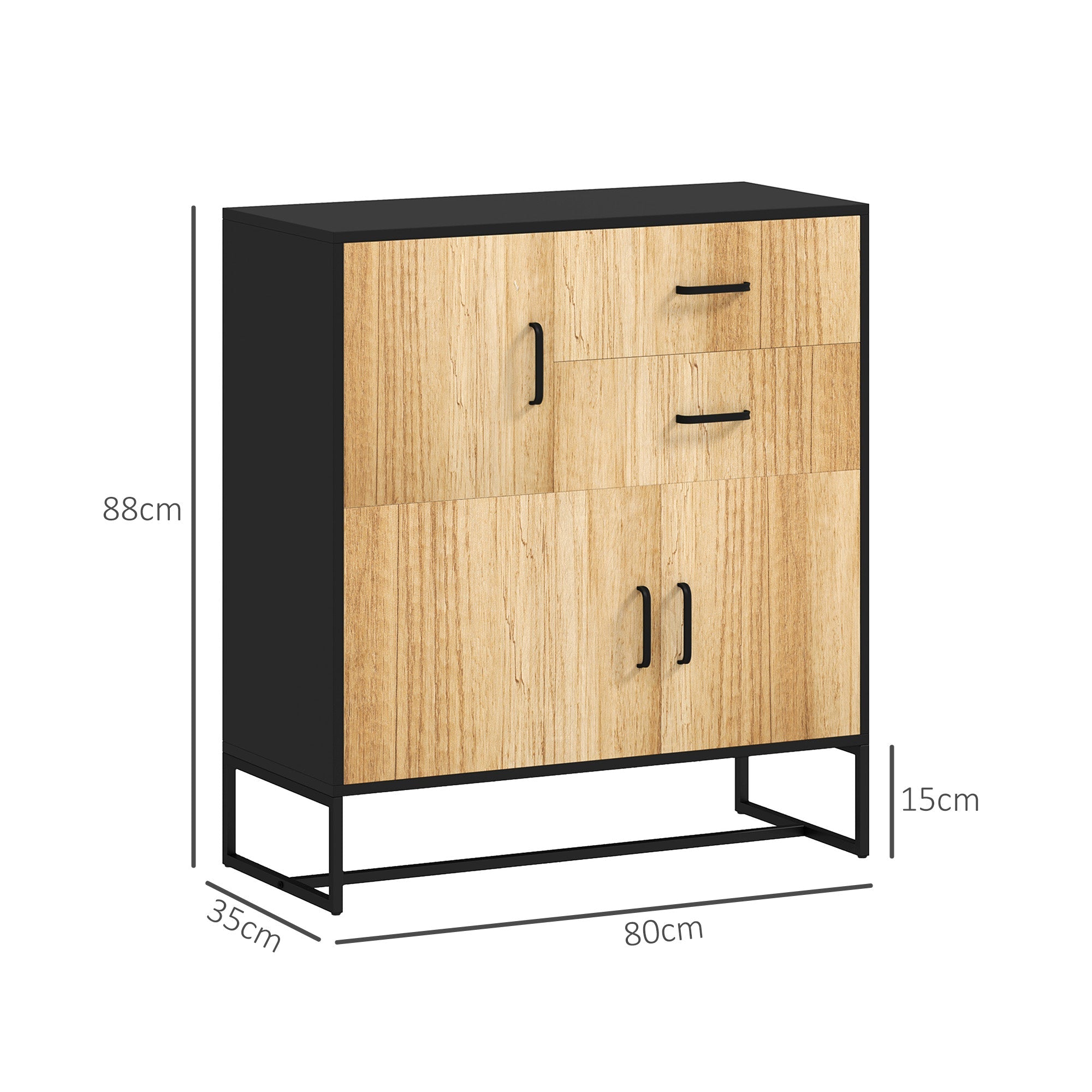 Credenza Mobile Basso Multiuso con 3 Armadietti e 2 Cassetti 80x35x88 cm Nero e color Legno