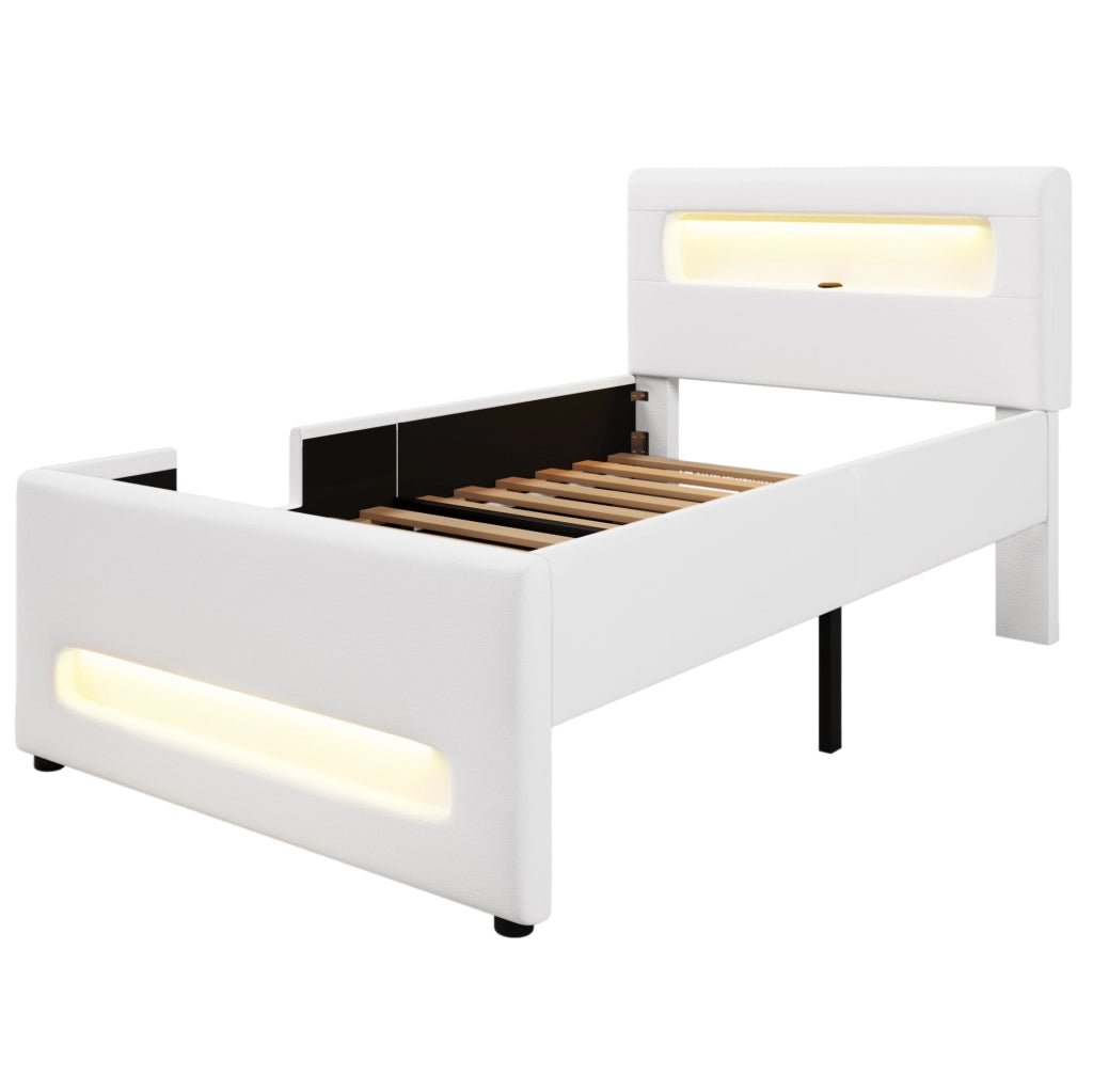 Letto a piattaforma imbottito 90 x 200 cm con cassetto; LED e controllo tramite app; bianco
