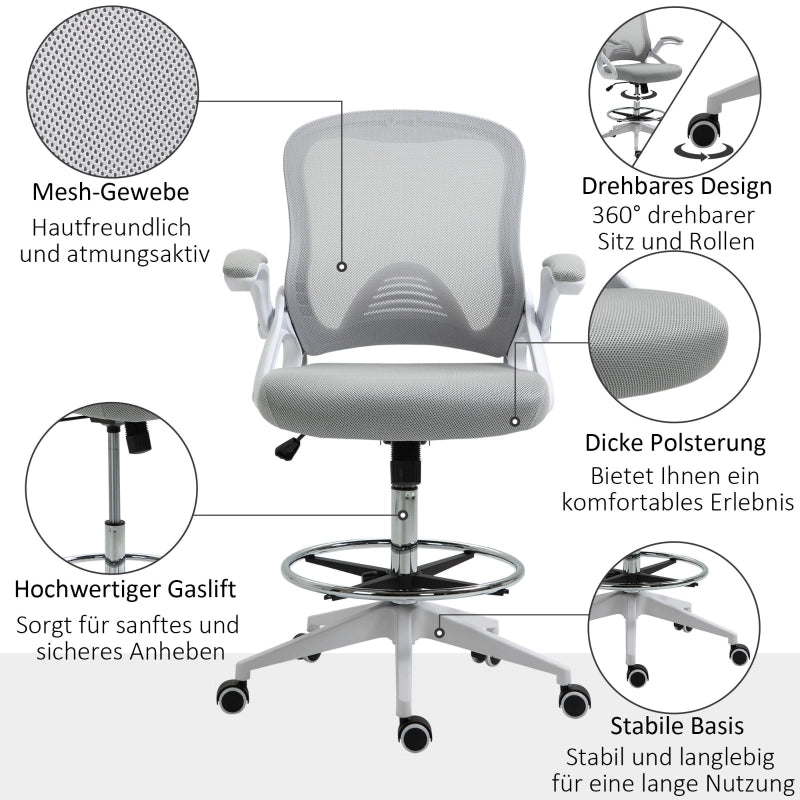 Sedia da ufficio ergonomica girevole con braccioli ribaltabili e poggiapiedi regolabile in rete grigio chiaro
