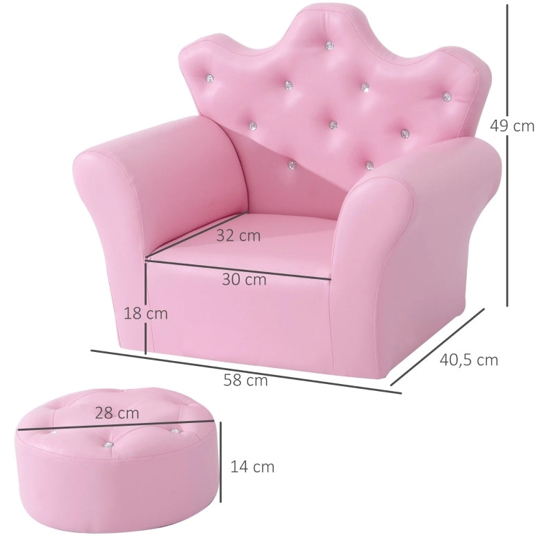 Poltroncina per bambini ULEVR rosa con pouf, braccioli e seduta imbottita in similpelle