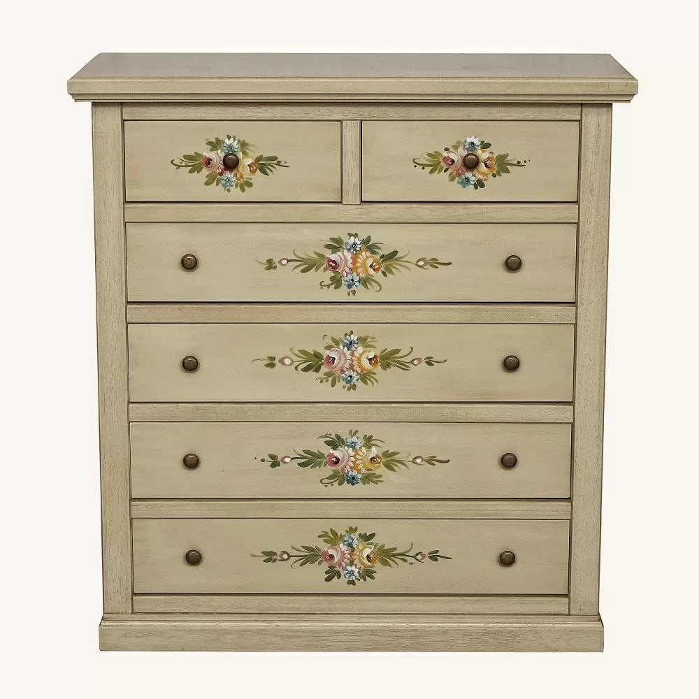Cassettiera 6 cassetti in legno shabby avorio anticato decorato 86x40x96 - Mobili 2G
