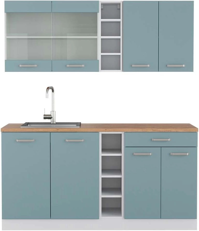 Cucina completa R-Line, Blu-grigio/bianco, 160 cm, PL Rovere, con disposizione flessibile dei moduli ed espandibile