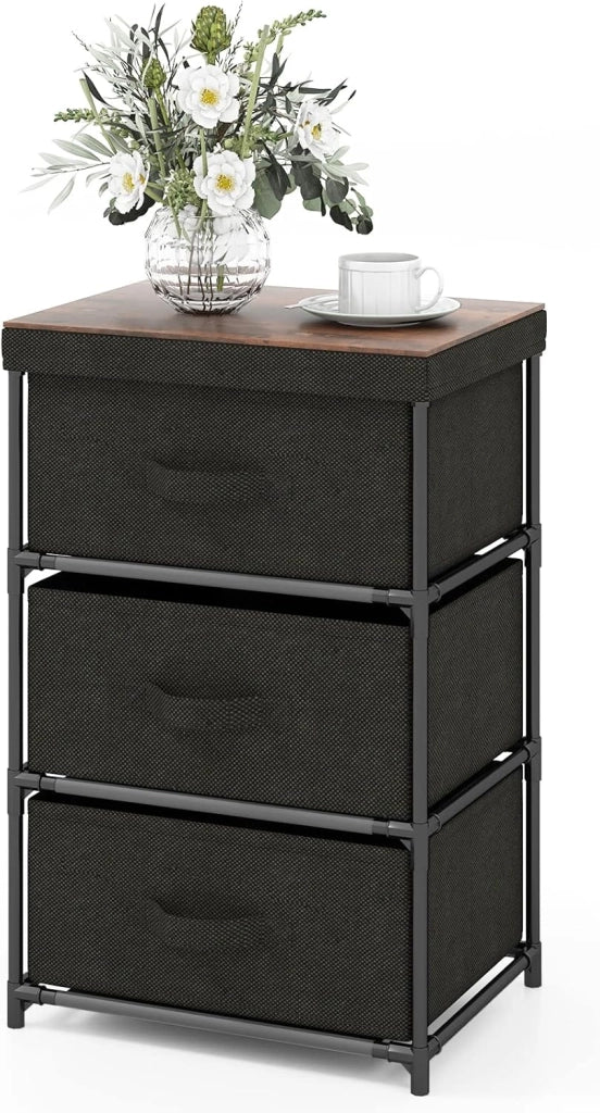 Cassettiera in Tessuto, Mobile con 3 Cassetti e Struttura Robusta in Metallo, Armadio per Camera da Letto, Soggiorno, Ingresso, 40 x 30 x 62 cm (Nero)