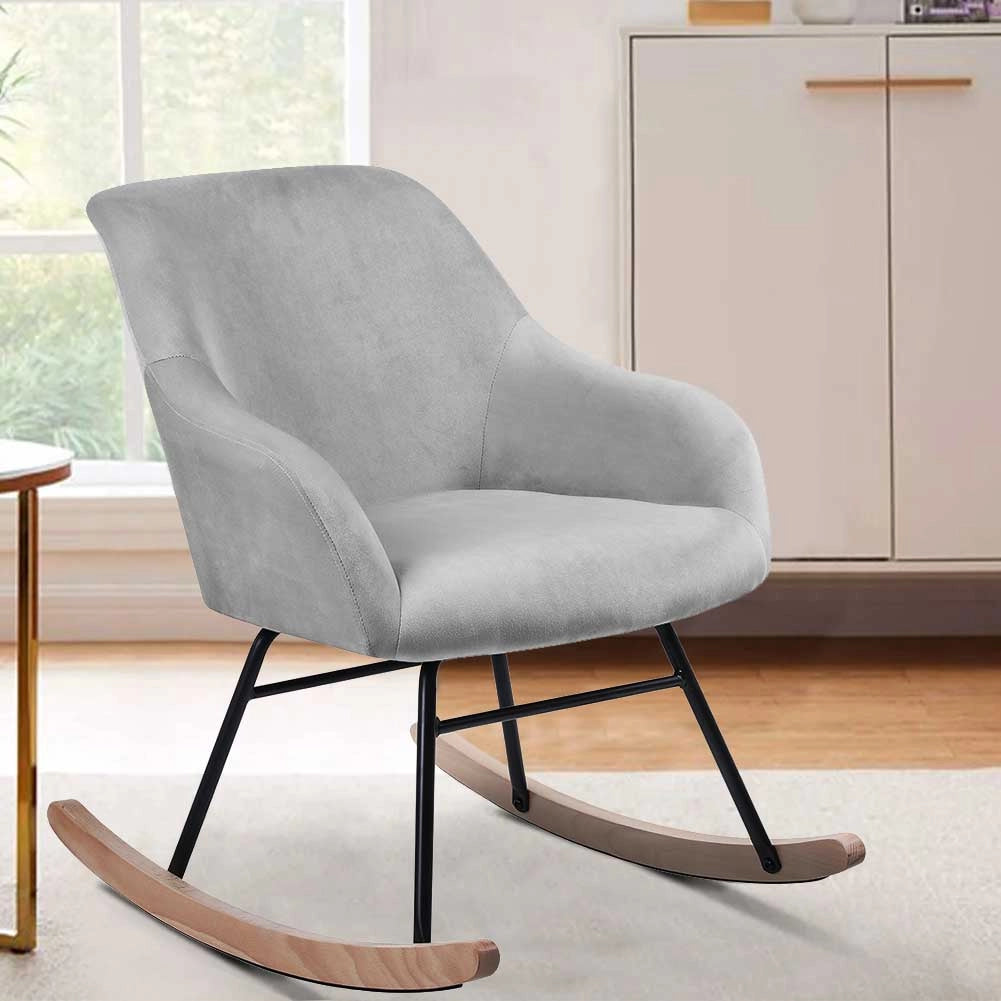Poltrona Sedia Dondolo Relax Tessuto e Metallo Imbottita Design Moderno Grigio