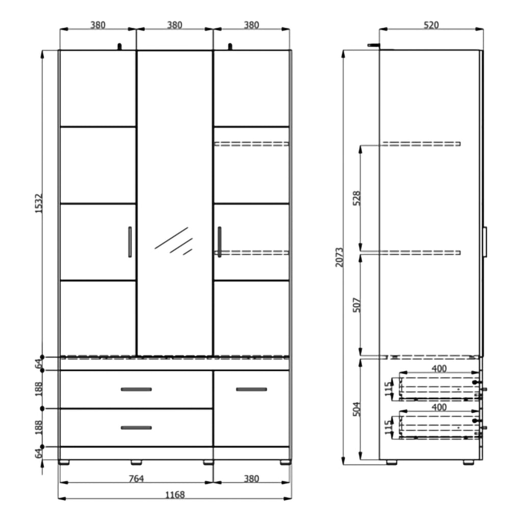 Armadio Camera da Letto Yelapa, Guardaroba 3 Ante Appendiabiti, 117x52 cm Bianco Opaco