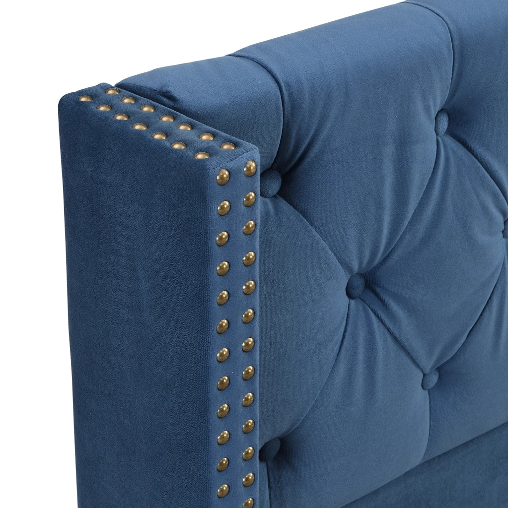 Letto imbottito 90x200 cm in velluto blu con testiera imbottita e rete a doghe
