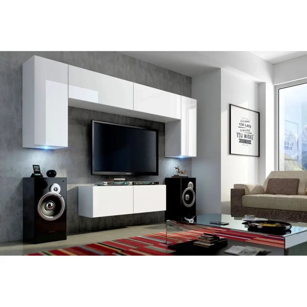 Set di mobili da soggiorno bianchi sospesi collezione CEPTO II 256cm, 6 porte, 4 ripiani, led, modulari.