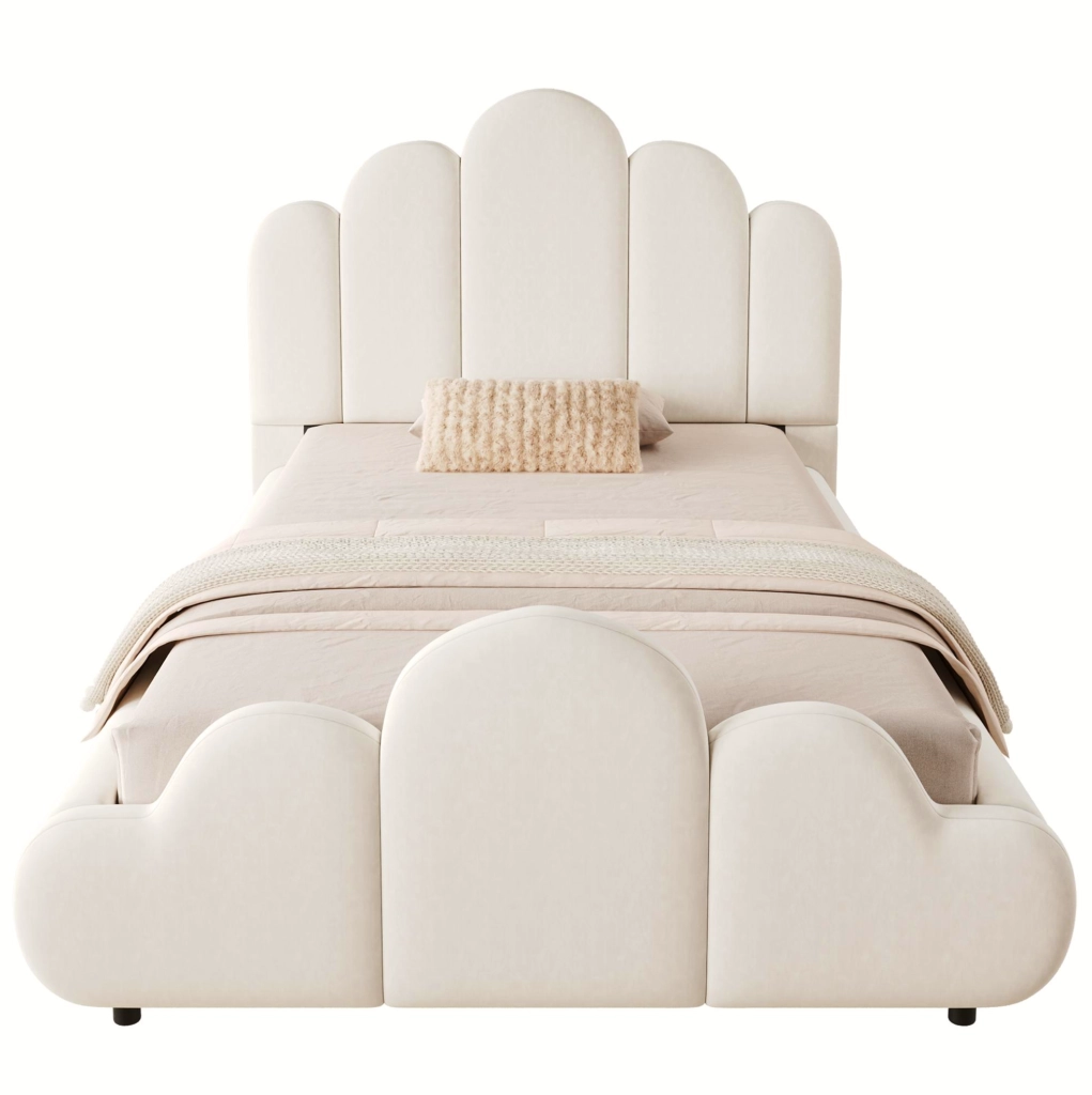 Letto singolo imbottito per bambini 90x200 cm con testiera in velluto beige e angoli arrotondati