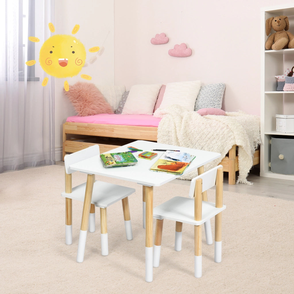 Set tavolo e 2 sedie con gambe in legno di pino per bambini, Set tavolo attivit¨¤ per bambini Bianco