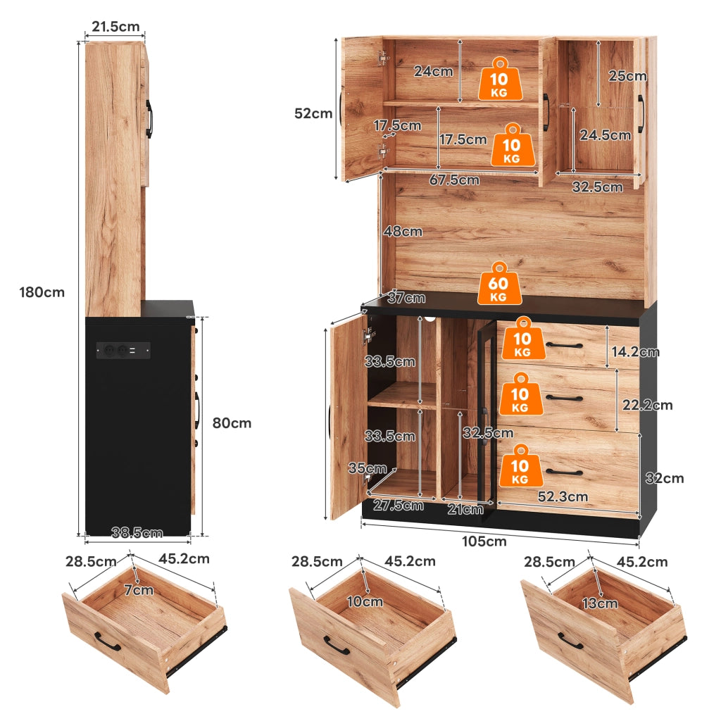 Colonna da cucina con 3 cassetti; LED e prese - per cucina - 105×40×180 cm - nero
