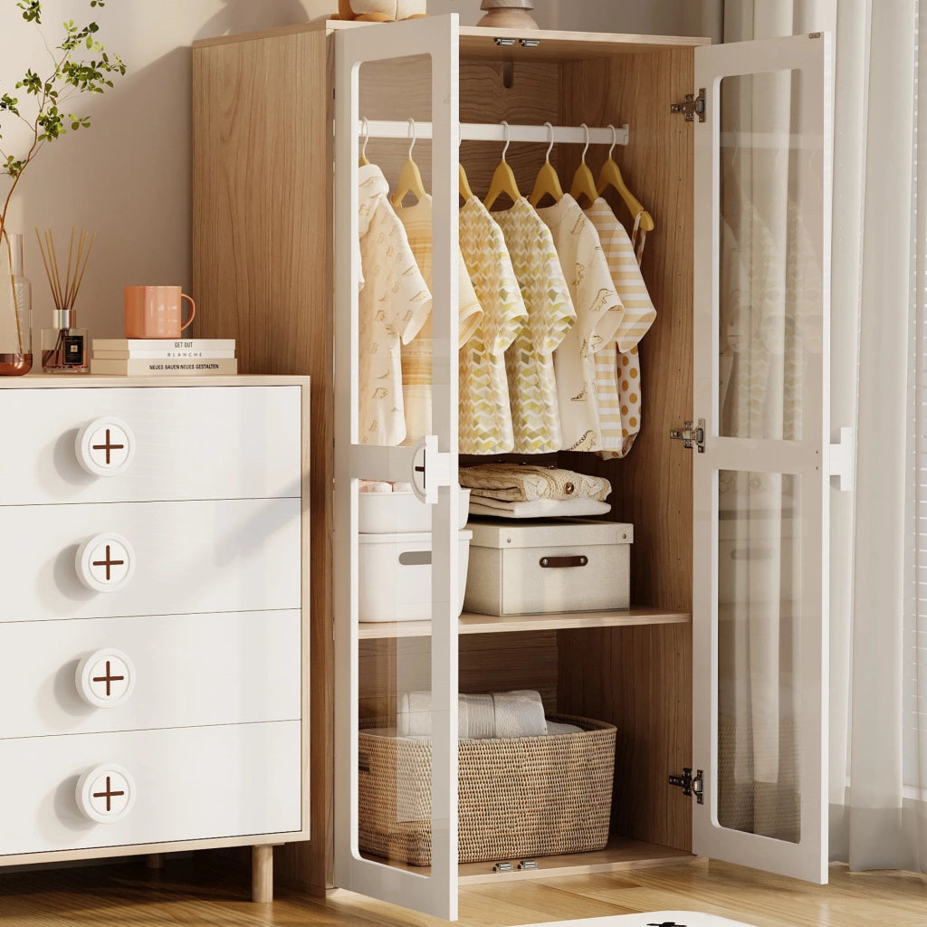 Scaffale con 10 livelli di altezza e asta appendiabiti, ante in acrilico, MDF bianco e naturale 80 × 50 × 150 cm