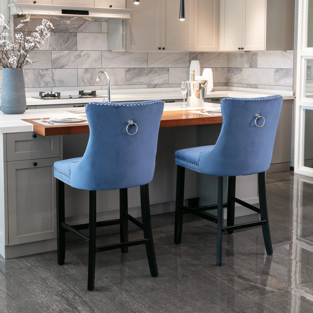 Sgabello da bar in velluto con schienale alto e altezza regolabile per sala da pranzo, gambe in legno massello blu