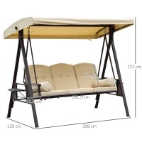 Dondolo da Giardino 3 Posti in Metallo, Dondolo da Esterno con Tetto Inclinabile e Cuscini Imbottiti, 208x121x172 cm, Beige
