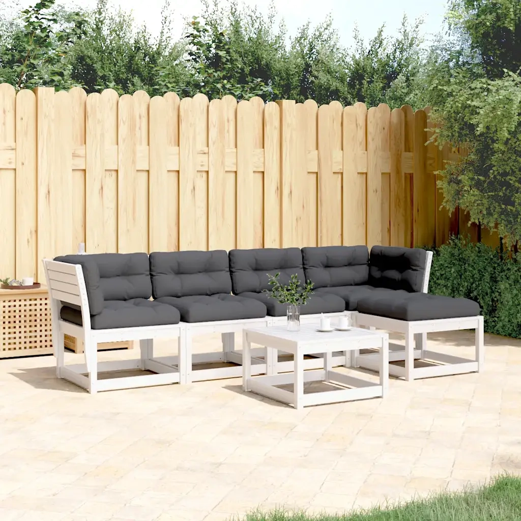 Set Divani Giardino 5pz con Cuscini Bianco Legno Massello Pino