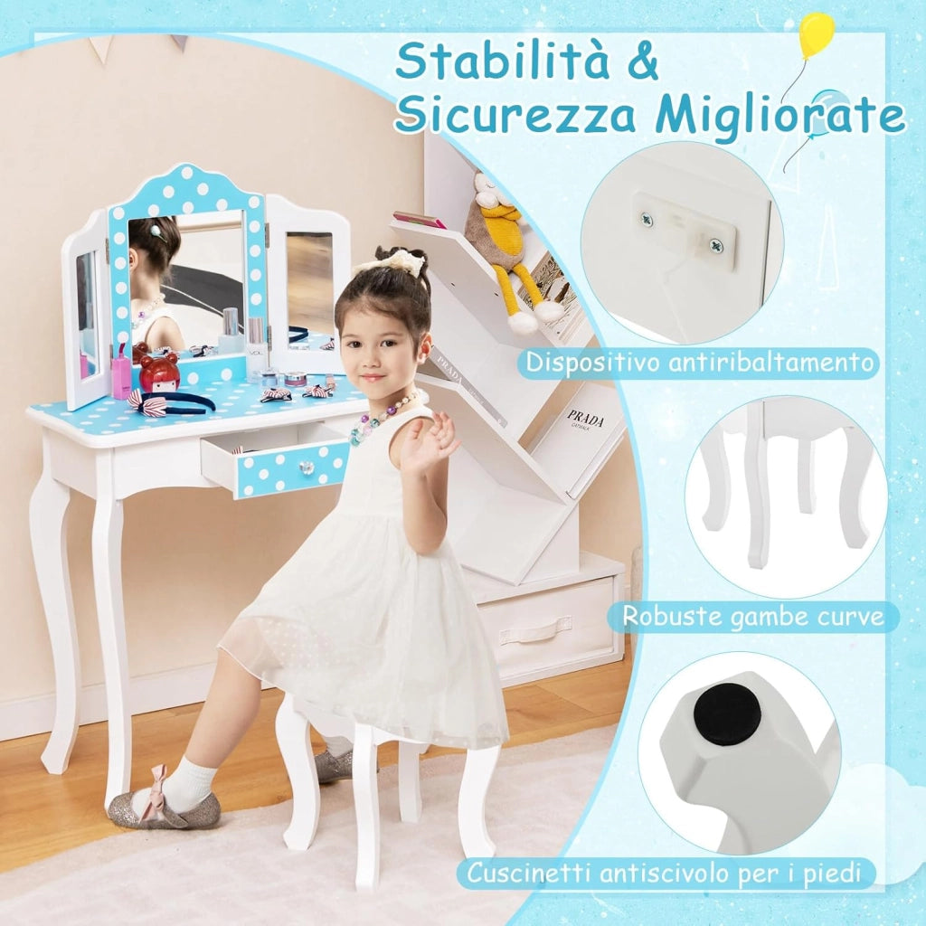 2 in 1 Toeletta Trucco per Bambina 3+ Anni, Specchiera Trucco Bambina in Legno con Sgabelllo e Cassetto, Ideale per Cameretta, 60 x 27,5 x 97,5 cm (Blu + Bianco)