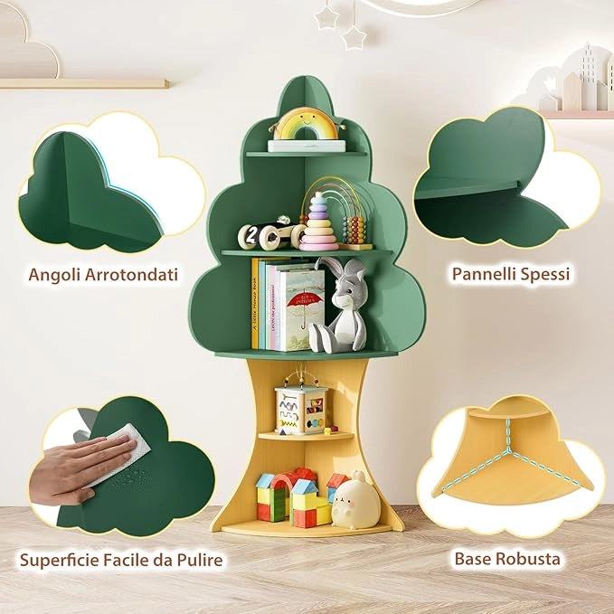 Libreria ad Albero per Bambini, Espositore per Libri a 5 Livelli con Anti-Ribaltamento, Libreria Angolare Salvaspazio per Camera da Letto Sala Giochi Asilo e Aula