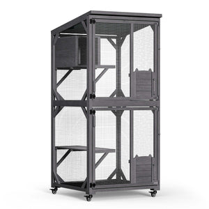 Recinto per gatti da esterno 74 x 78 x 180 cm, legno di abete, più livelli, 2 porte, con rotelle, recinto per gatti per giardino, balcone, rifugi