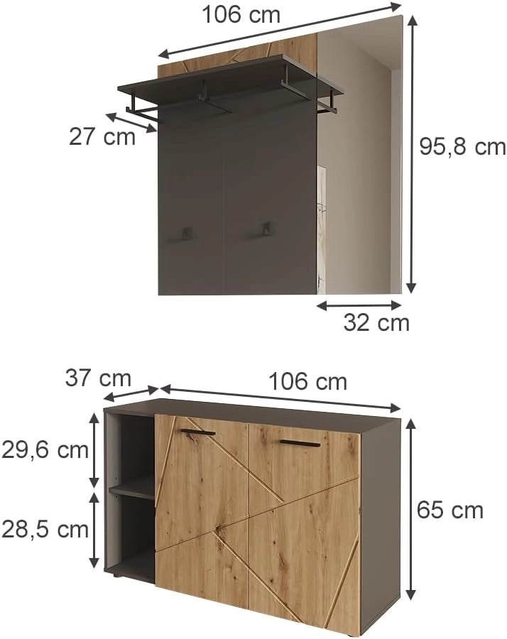 Armadio da ingresso Irma, Antracite/Artisan, 106 x 63 cm Set con scarpiera e appendiabiti a muro con specchio