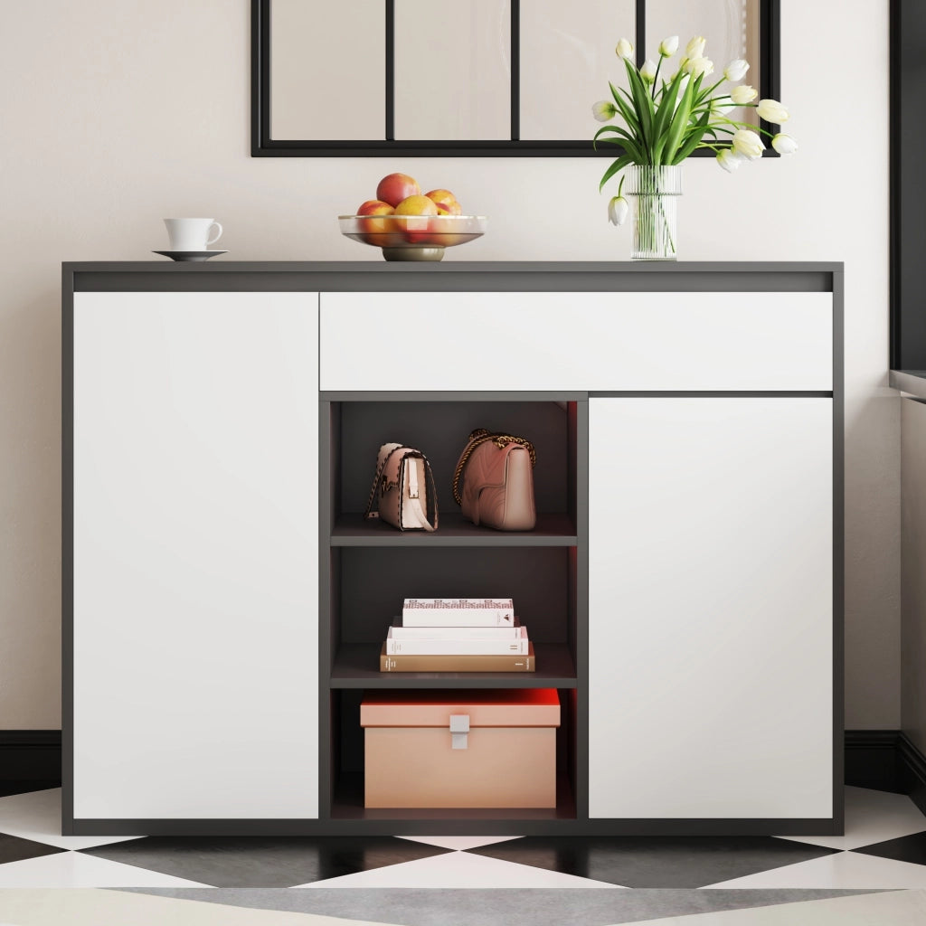 Mobile Scarpiera con 2 Ante; 1 Cassetto e LED; Ripiani Regolabili; Stile Moderno; in Pannello Truciolare; Nero e Bianco; 105??39;5??86 cm