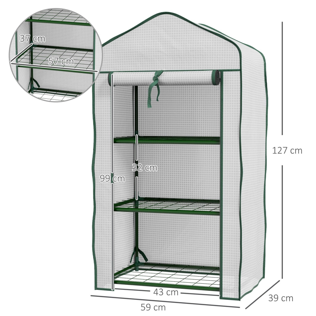 Mini Serra da Giardino con Copertura in PE 59x39x127cm 3 Ripiani e Porta Avvolgibile Bianco