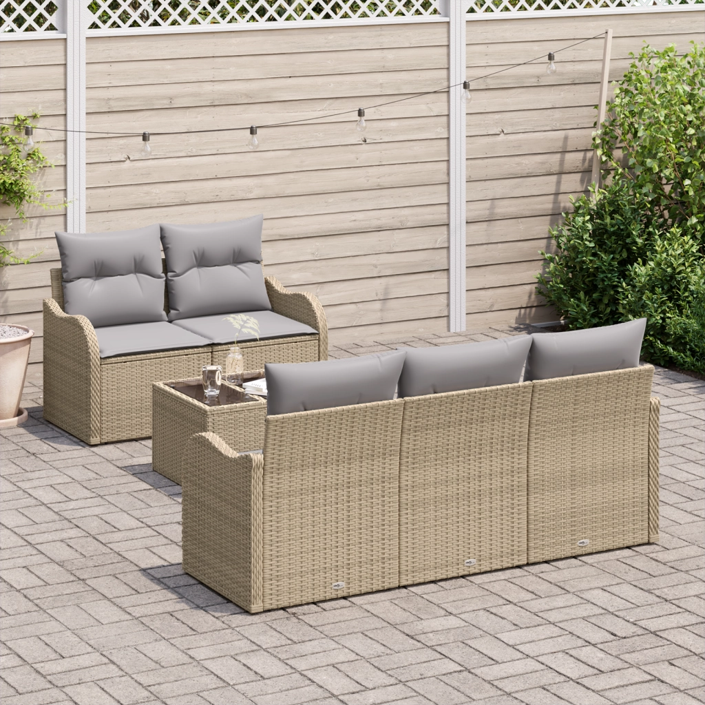 Set Divano da Giardino 6 Pezzi con Cuscini Beige Rattan Sintetico