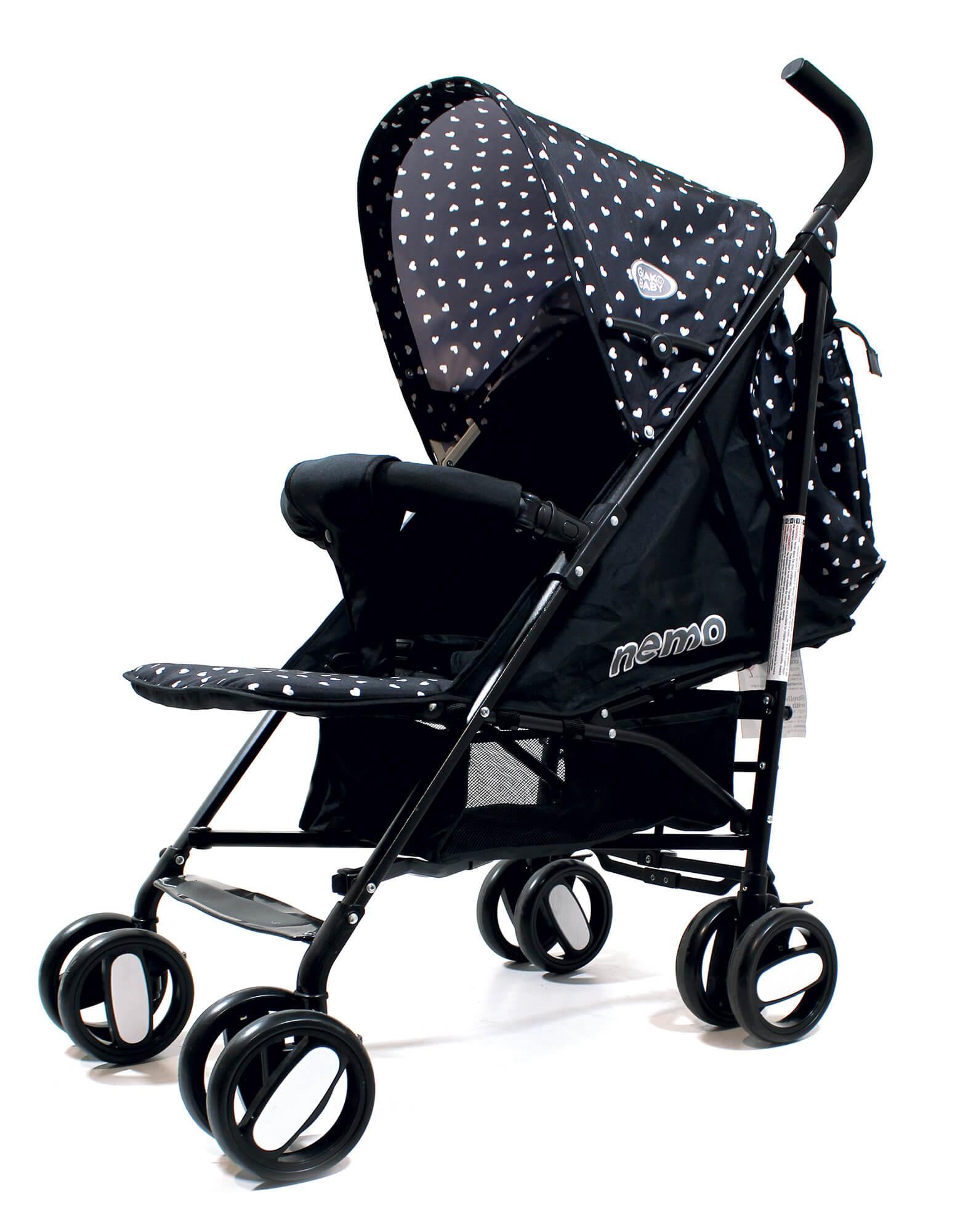 Passeggino Leggero per Bambini Pieghevole con Borsa Nemo Nero con Cuori