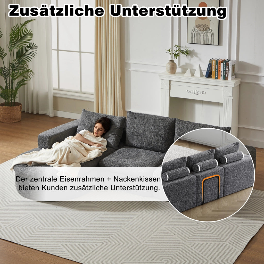 Divano modulare con chaise longue reversibile e cuscini poggiacollo senza montaggio comfort in ciniglia grigio