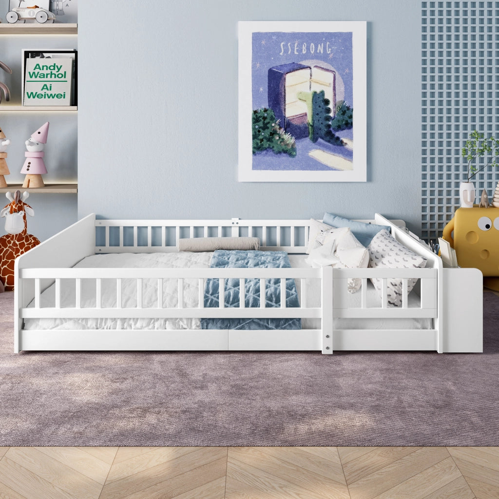 Letto per bambini bianco in pino con spazio di stoccaggio aperto e cassetti integrati 140x200 cm