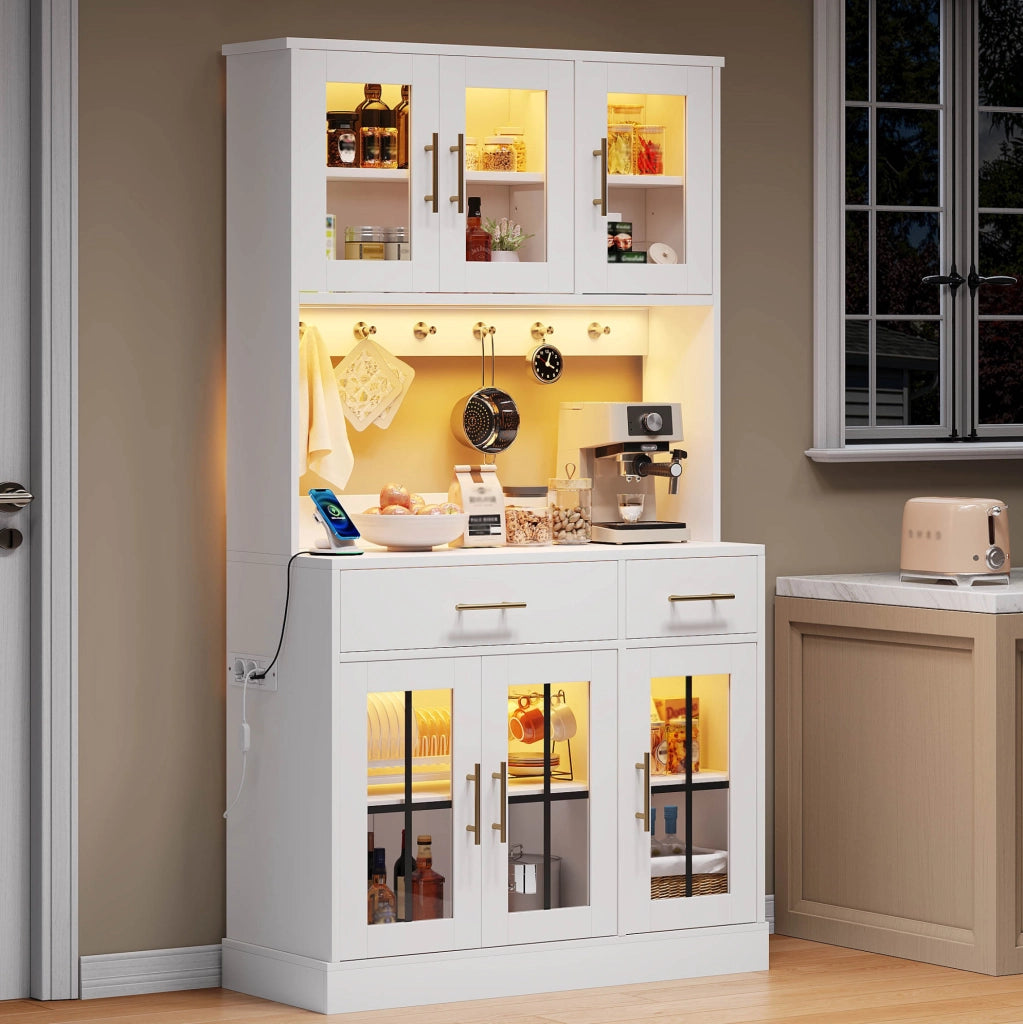 Credenza da cucina con LED APP; 2 cassetti; 3 ante; ripiani regolabili; vetro ESG; bianca; 100 cm