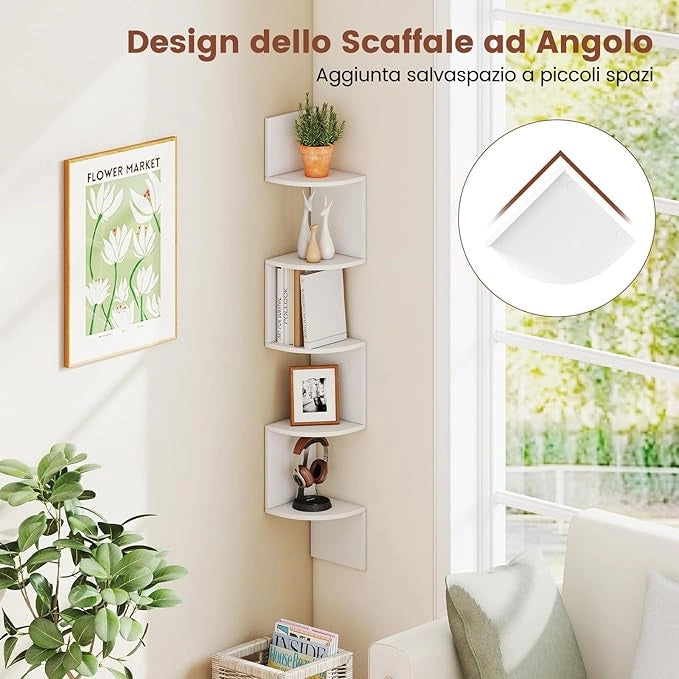 Scaffale Angolare a 5 Livelli, Scaffale Sospeso a Muro, Organizzatore di Stoccaggio a Parete, Espositore in Legno per Soggiorno Camera da Letto e Cucina, 20 x 20 x 126 cm (Bianco)
