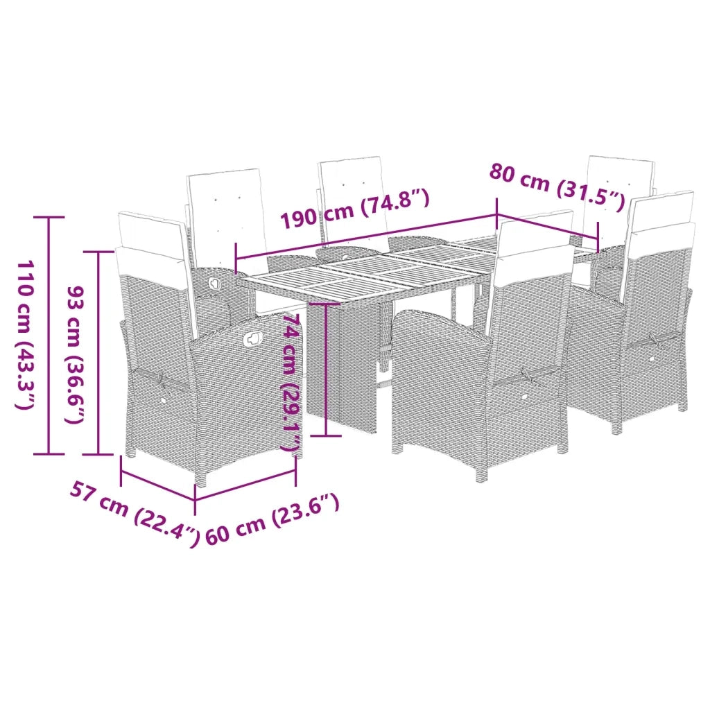 Set da Pranzo da Giardino 7 pz Nero con Cuscini in Polyrattan 3212504