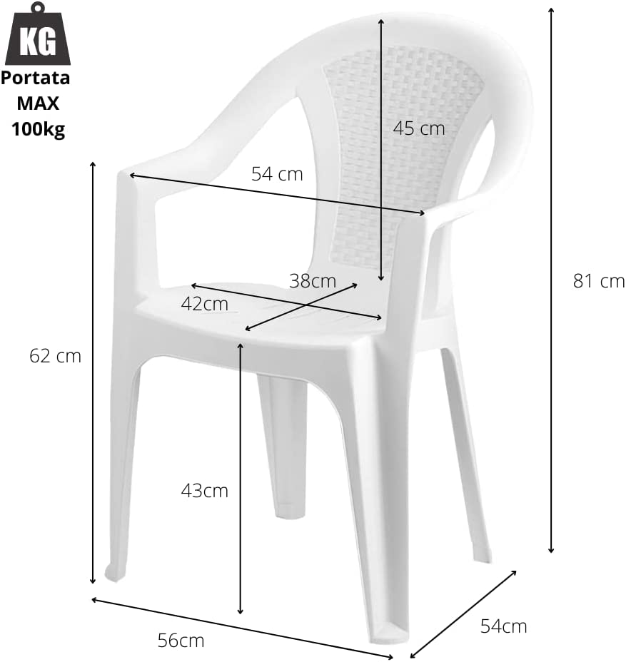Sedia da giardino set 6 sedie in plastica effetto rattan con braccioli e impilabili colore bianco Tomaino
