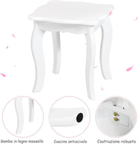 Toeletta Trucco per Bambina, Specchiera Trittica per Ragazza in Legno Robusto con Sgabello e Cassetto, Postazione Trucco 2 in 1 per Cameretta e Cmera da Letto, 95x70x34cm(Bianco)