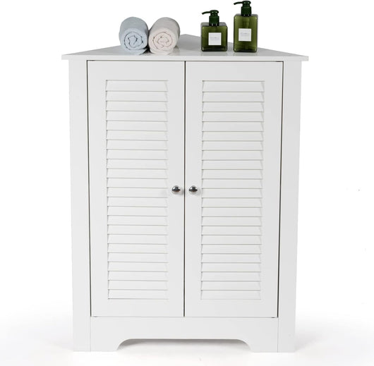 Mobile Angolare, Armadietto ad Angolo con 3 Livelli Ripiani, con 2 Ante e Ripiano Regolabile in Altezza, per Bagno, Ingresso, Soggiorno, Camera da Letto (Bianco)