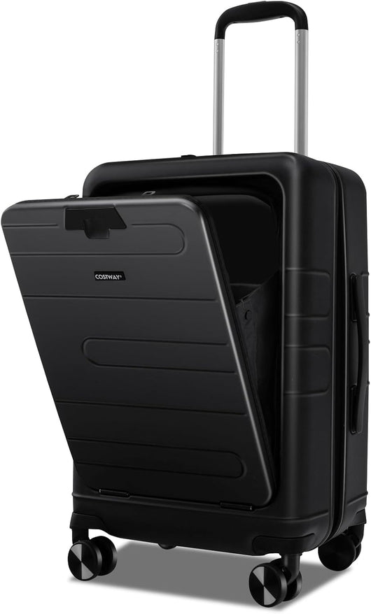 Valigia Bagaglio da 20" con Tasca Frontale, Porta USB, Tavolino Pieghevole, Valigia con Serratura, Ruote Girevoli, Manico Regolabile, Trolley Valigia Rigida Bagaglio da Viaggio (Nero)