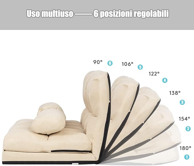 Divano Letto da Terra con 2 Cuscini, Divano Letto Pieghevole con Schienale Regolabile a 6 Livelli, Ideale per Camera da Letto e Soggiorno (Beige)