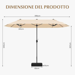 Ombrellone Doppio da Giardino 400 x 200 cm, Ombrellone Rettangolare con Base, Parasole Esterno con Manovella e 12 Stecche, per Giardino Piscina Patio